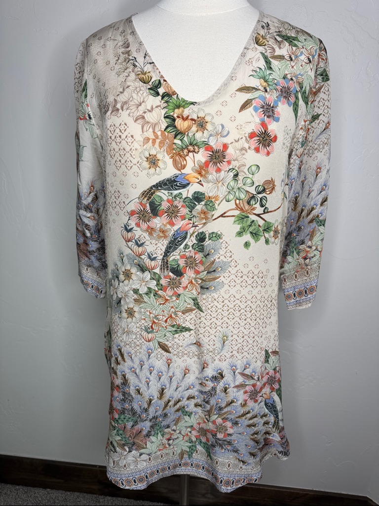 Johnny Was Cream Floral & Bird V-Neck Tunic / Dress
